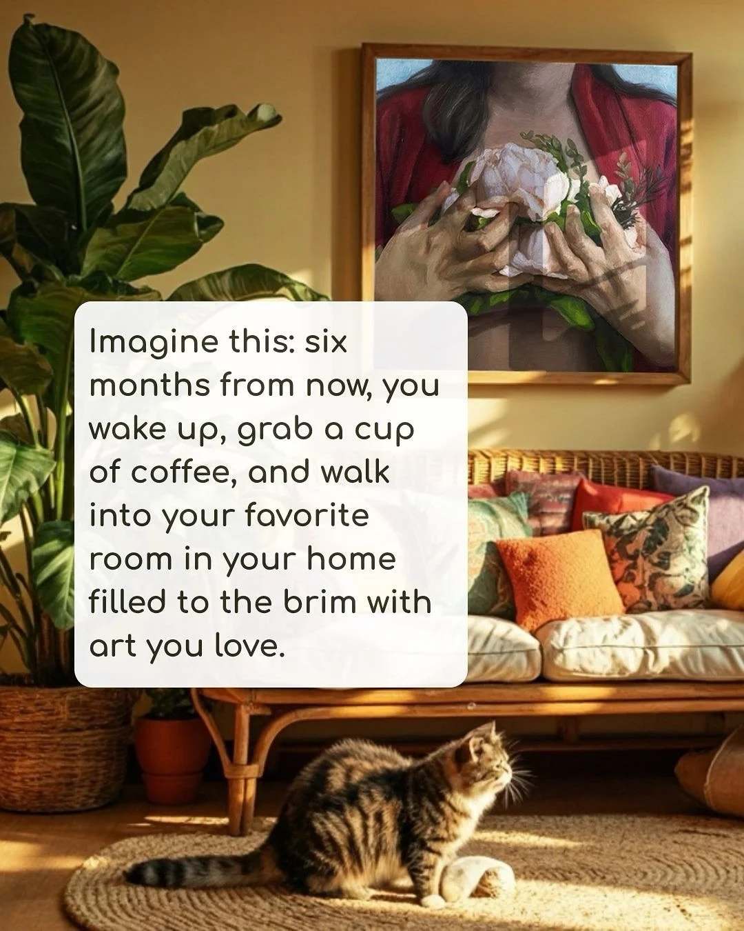 Imagine this: six months from now, you wake up, grab a cup of coffee, and walk into your favorite room in your home filled to the brim with art you love. 

A feeling of indescribable joy fills you at being surrounded with so much beauty - so much art