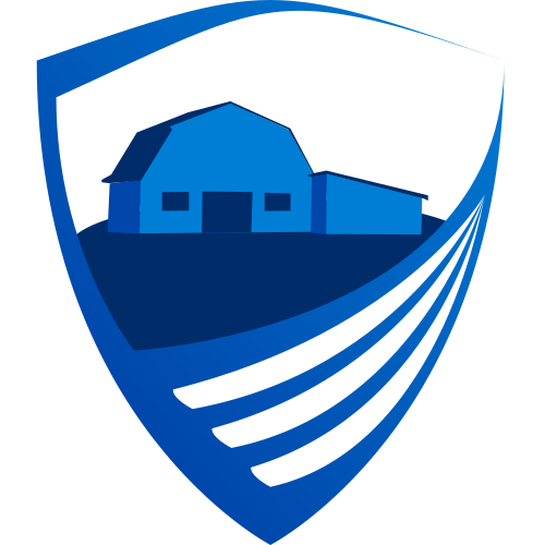 A blue shield logo with a house and fields design