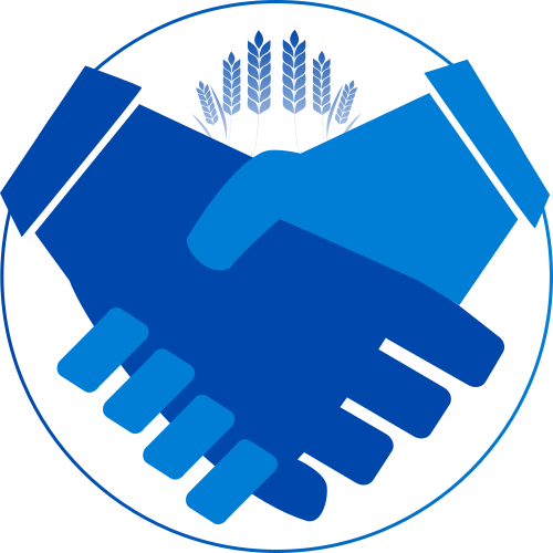 A graphic of two hands shaking with wheat stalks above, enclosed in a circular border.