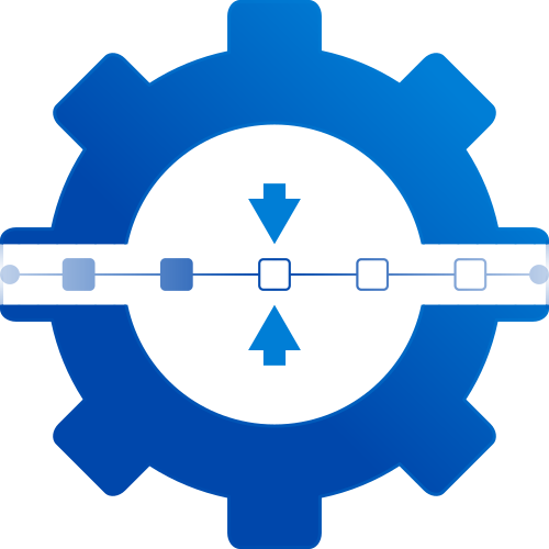 A stylized gear icon with a central circle, arrows pointing down and up, and a horizontal timeline with squares.