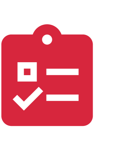 Icon of a red clipboard with checkmark and barcode symbols.