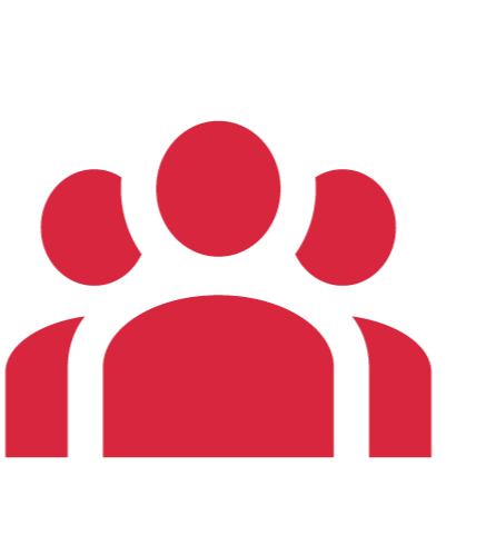 Icon of three people in red on a black background, representing a group or community.