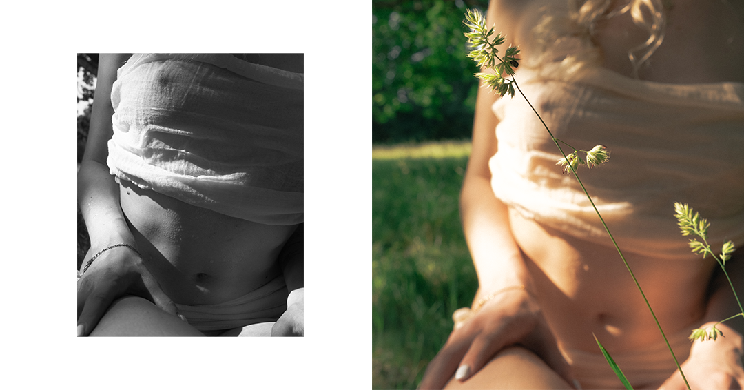 A side-by-side comparison of a black and white photo and a color photo of a woman's midsection. The woman is wearing a light-colored, strapless top, and her hand rests on her lap. The color photo includes a green outdoor background with plants.