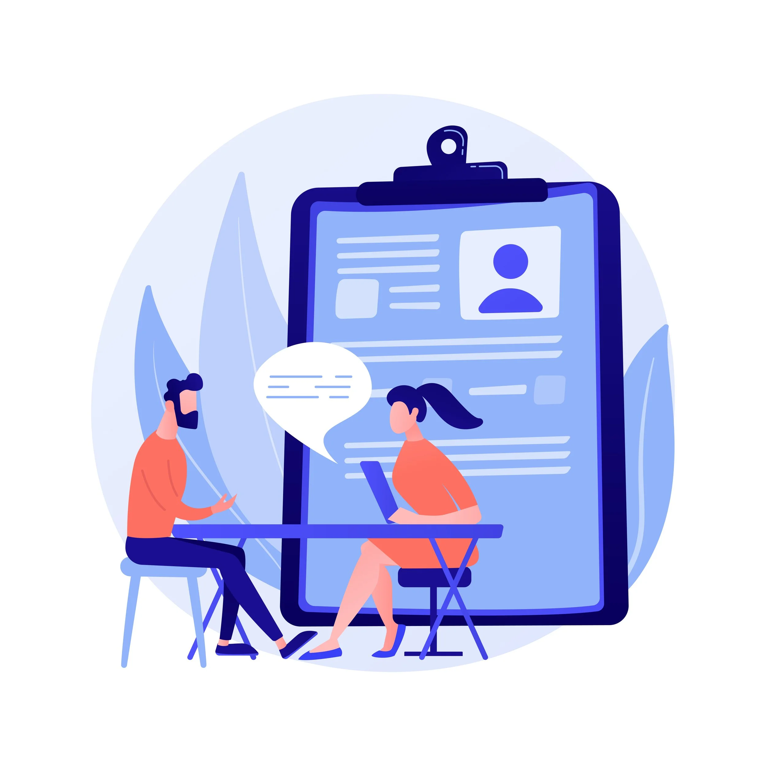 Illustration of a business woman asking questions to business man in a job interview for a sales role