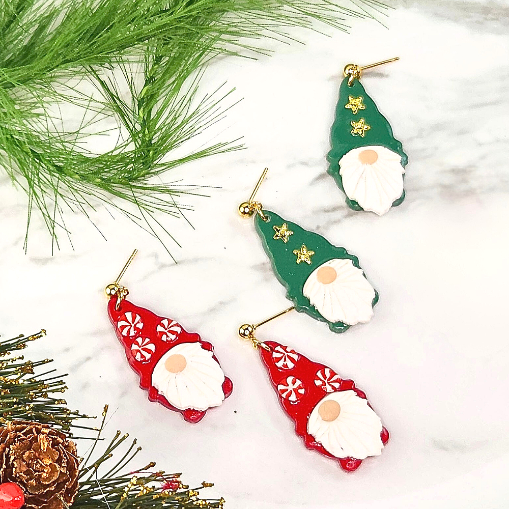 Red or Green Christmas Gnome Earrings with stars or peppermint candy decor