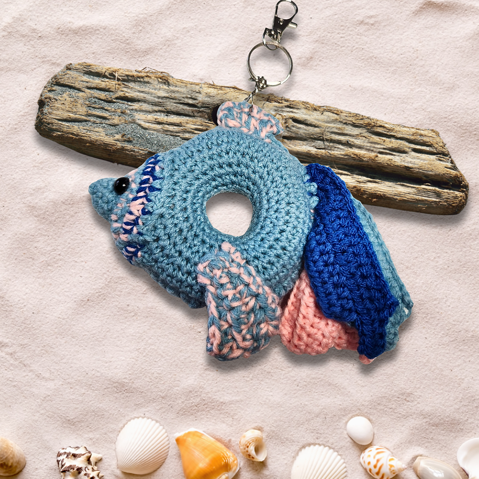 blue crochet fish doughnut bag charm