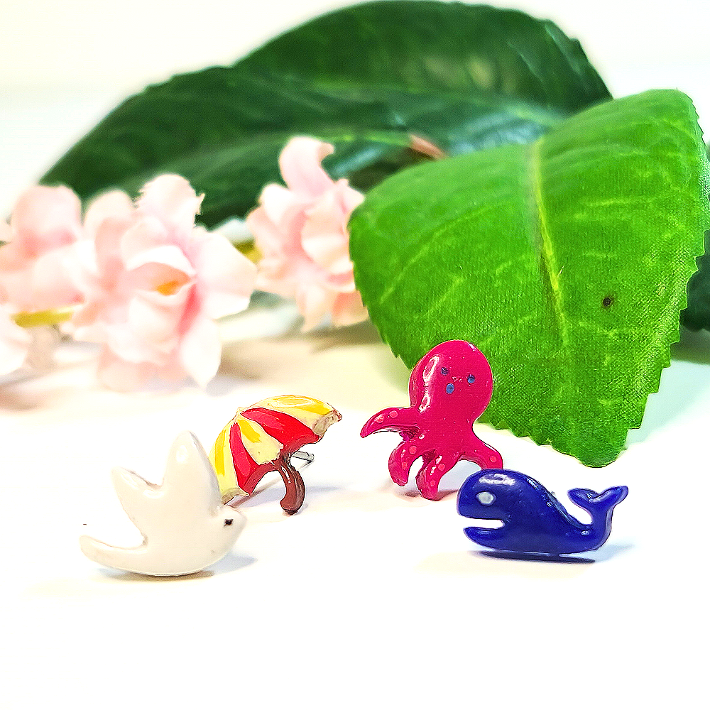 Beach Mini Stud Earrings: Seagull, Beach Umbrella, Jellyfish, Whale