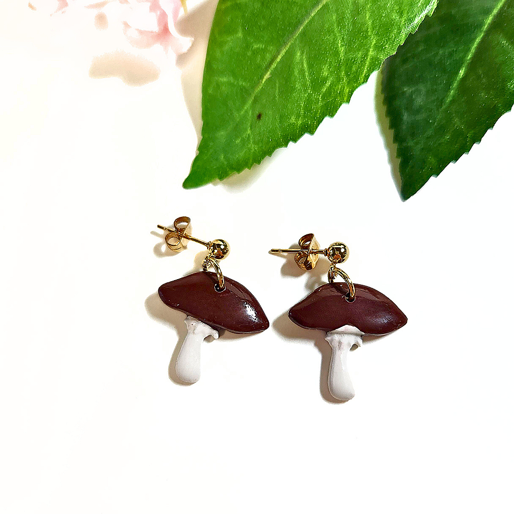 Brown capped mushroom dangle earrings in gold ball studs