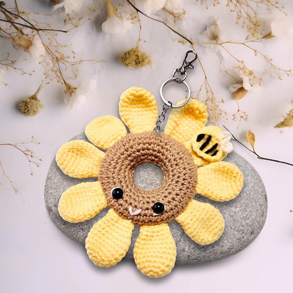 Crochet sunflower doughnut with bee and keychain
