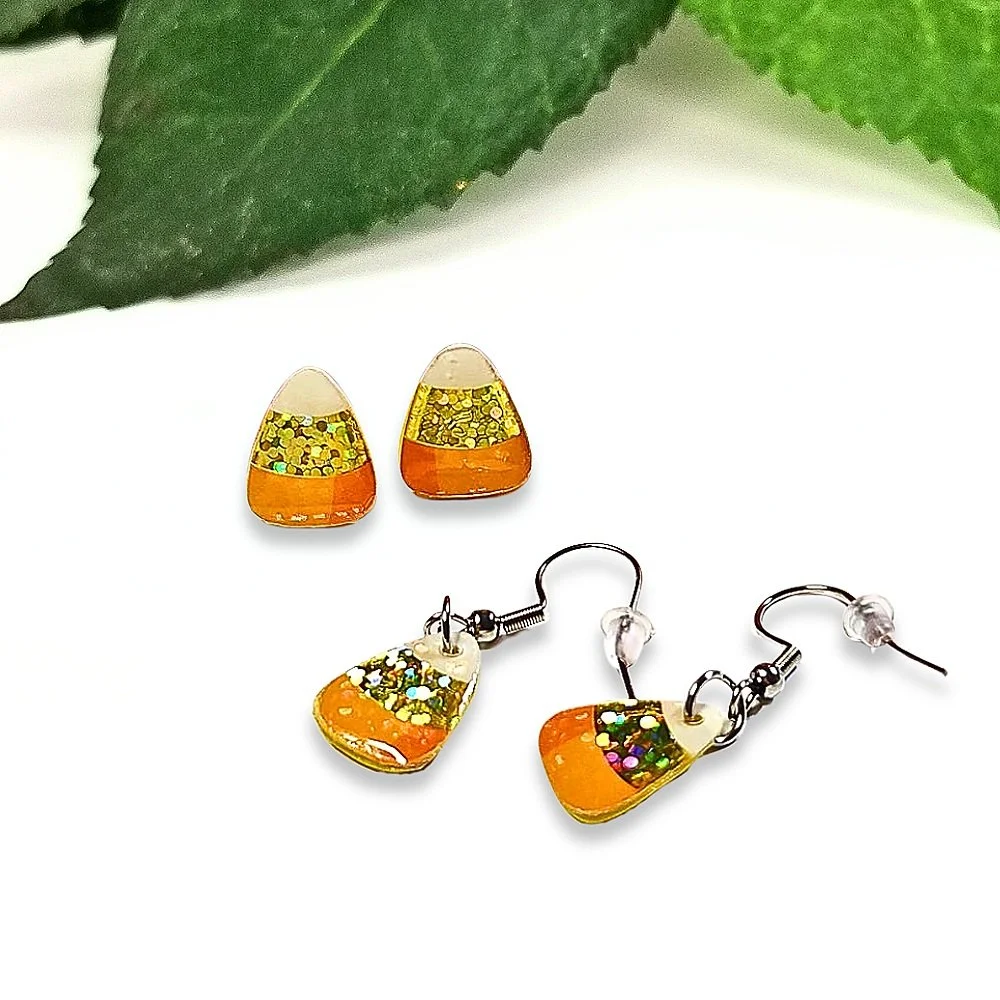 glittery candy corn stud and dangle earrings