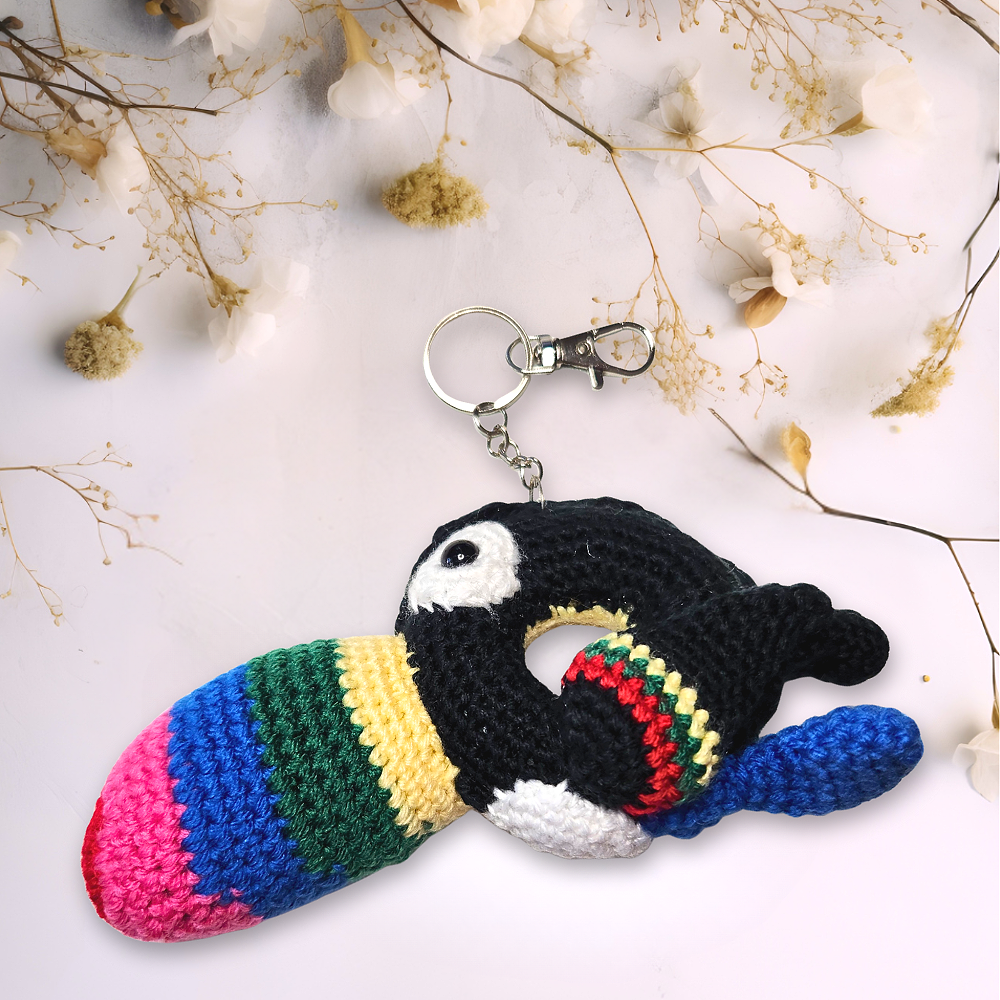 Crochet toucan doughnut keychains