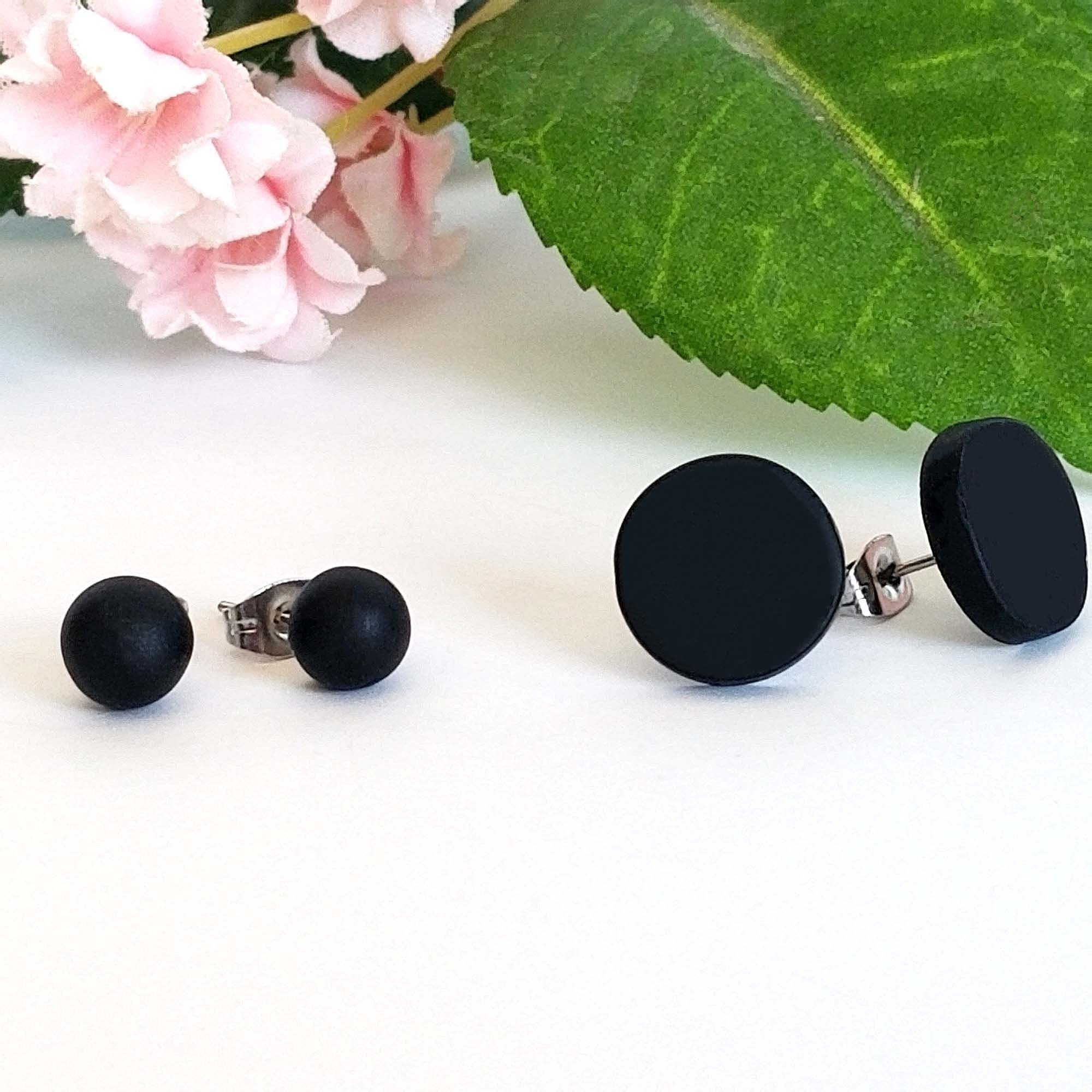 black ball and flat round stud earrings