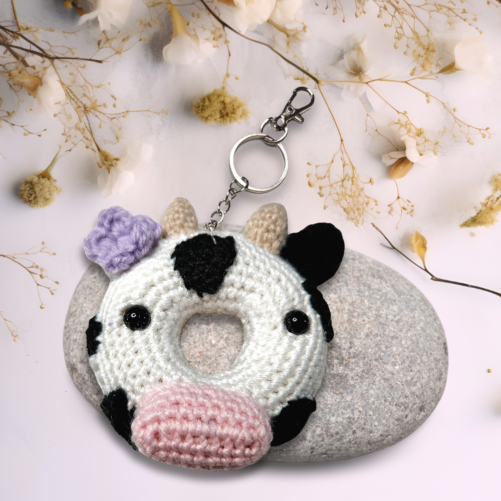 Crochet Spotted Cow Doughnut Keychain