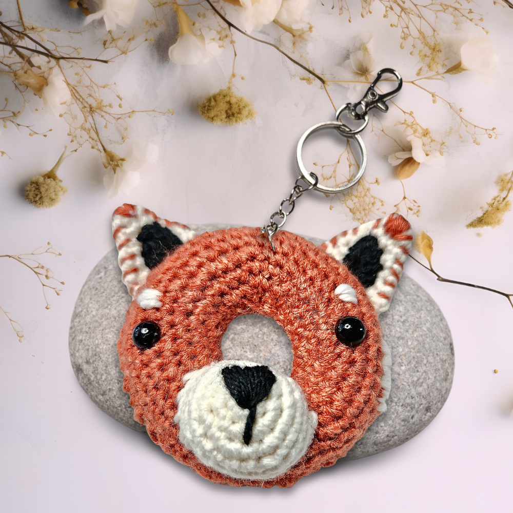 Orange crochet fox doughnut keychain
