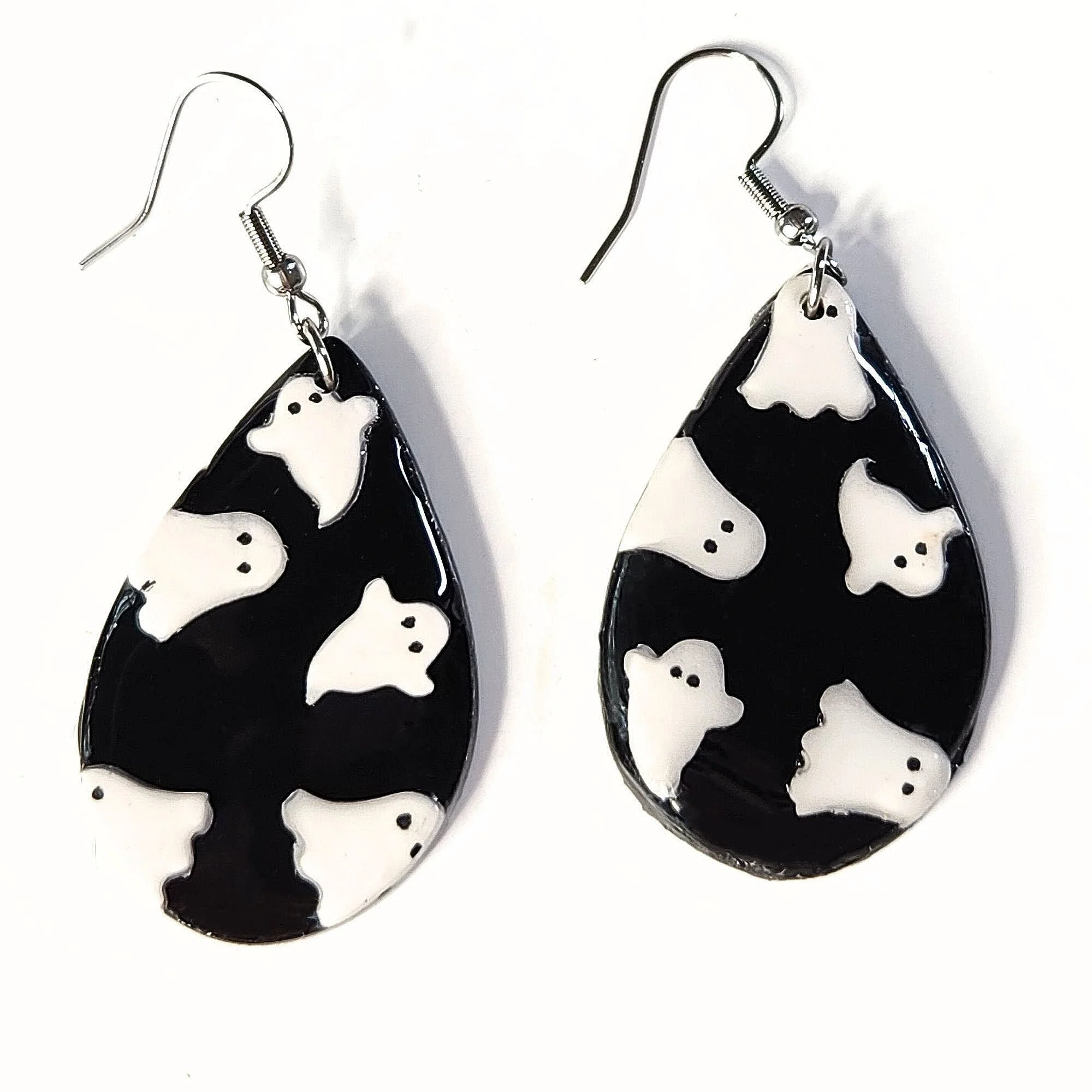 black clay teardrop earrings with white dancing ghosts