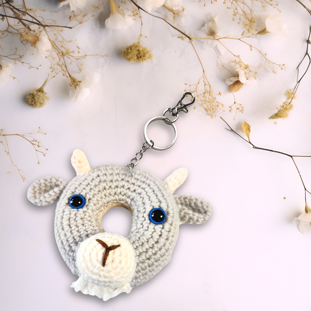 hand crochet grey goat doughnut with keychain