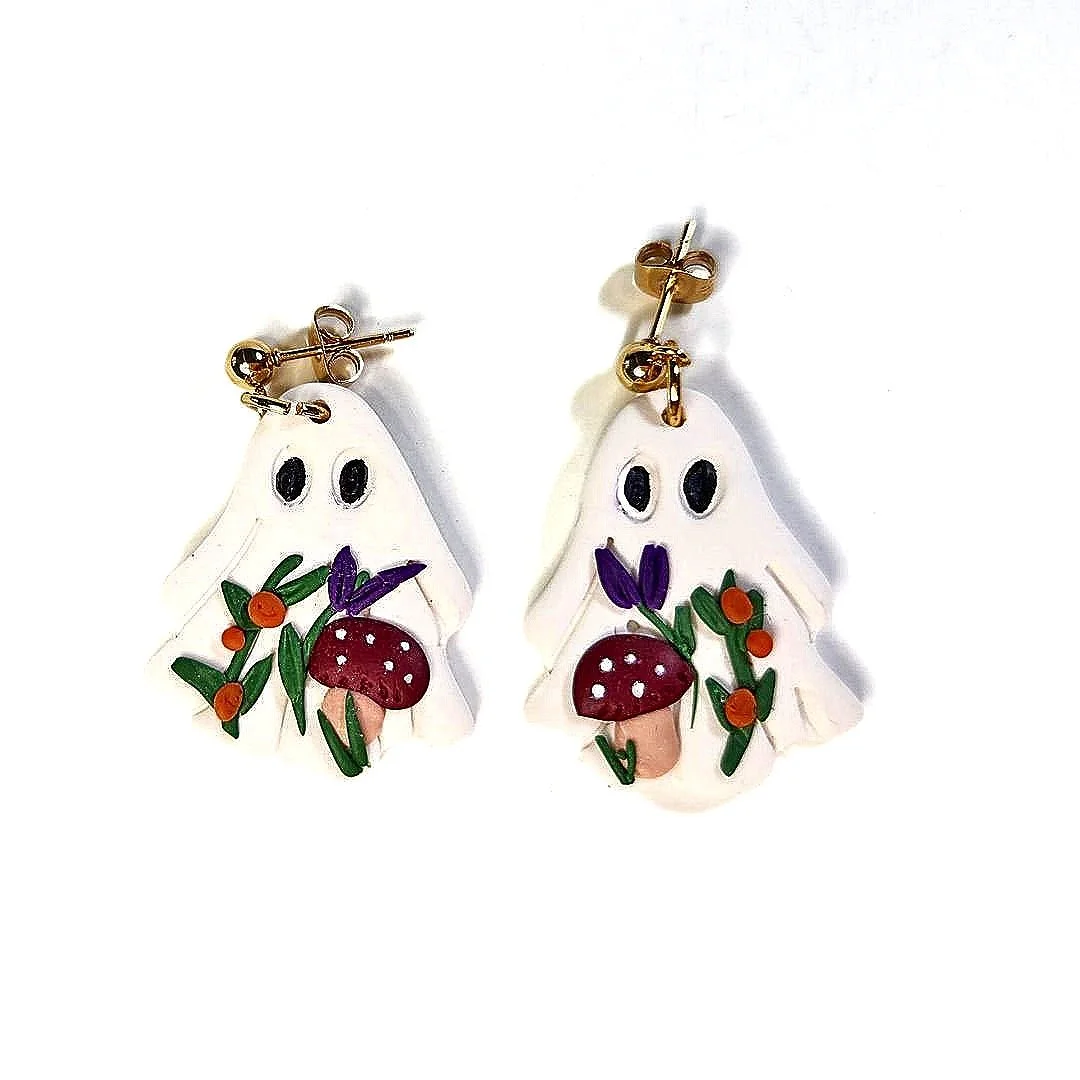 ghost earrings with gold ball studs and a mushroom fall theme