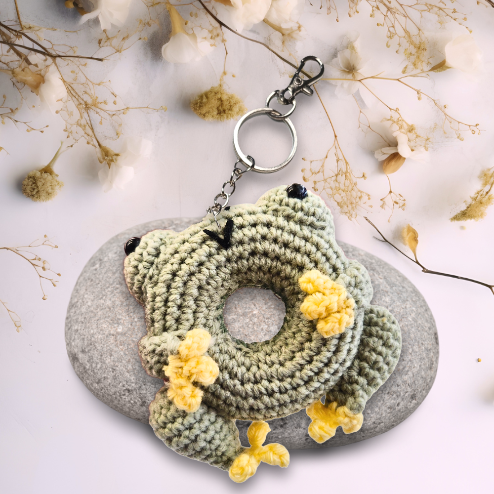 Crochet Frog Doughnut Keychain