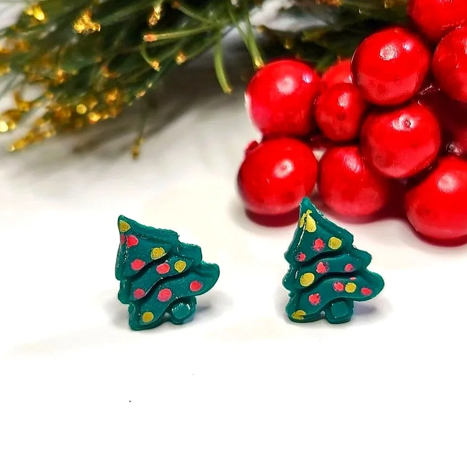 Christmas Tree Stud Earrings with colorful tree ornaments