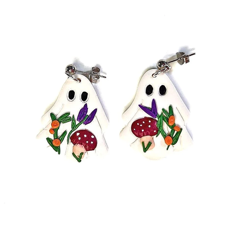 white ghost earrings with silver ball studs and a mushroom fall theme