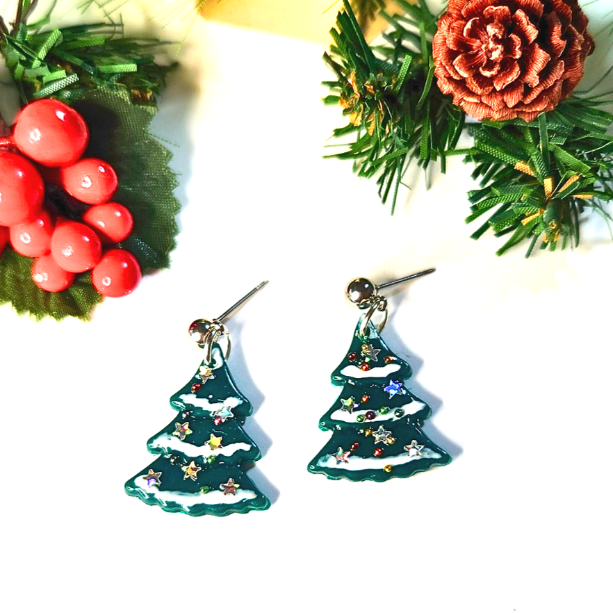 Snow Dusted Christmas Tree Earrings with sparkling stars