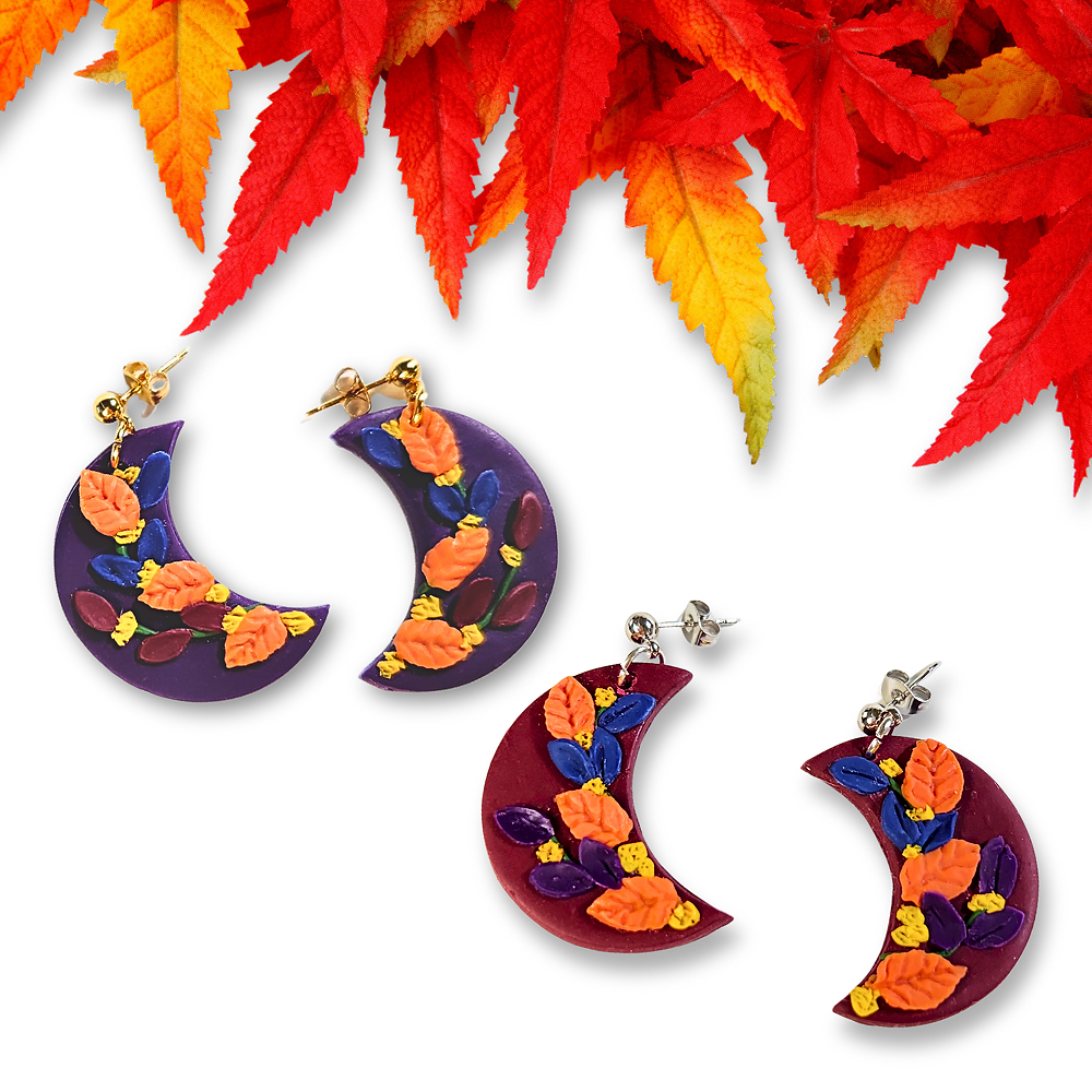 Purple and Maroon Crescent Moon Earrings with fall colored leaf decor
