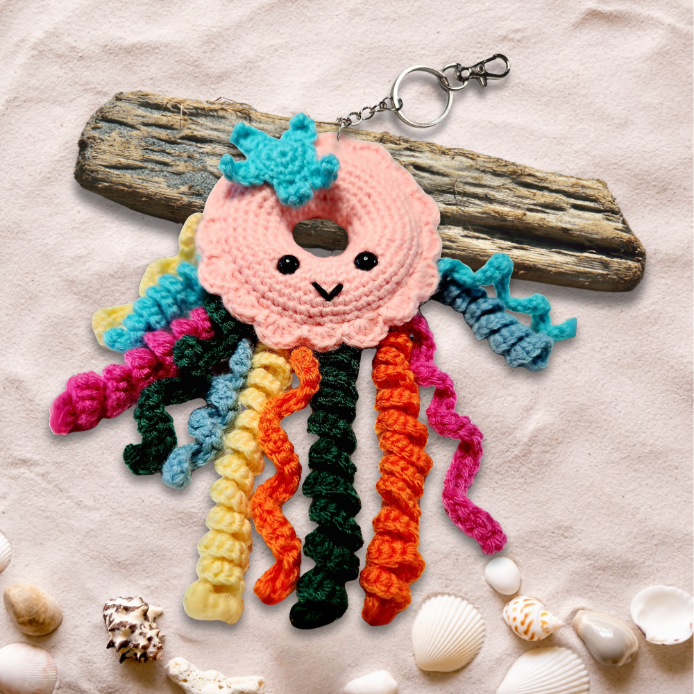 Pink Jellyfish Doughnut with rainbow tentacles and blue starfish on keychain