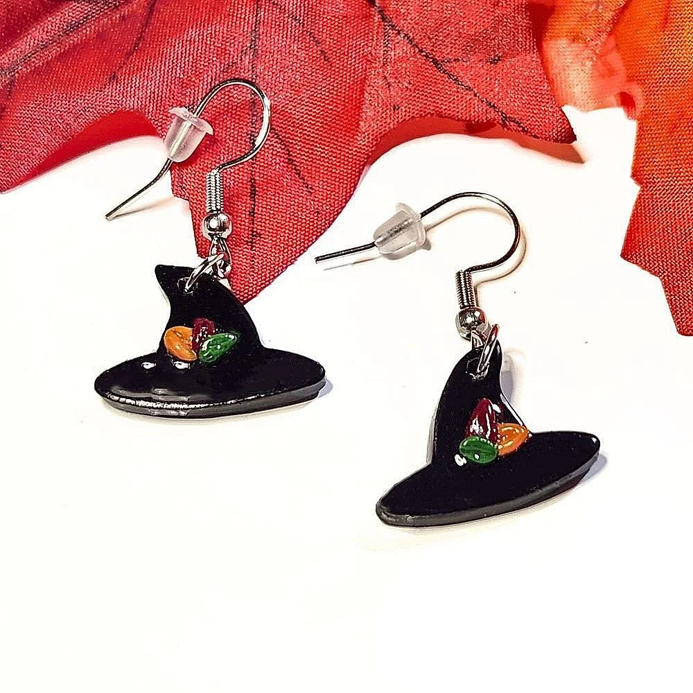black witch hat dangle earrings with fall colored leaf accents