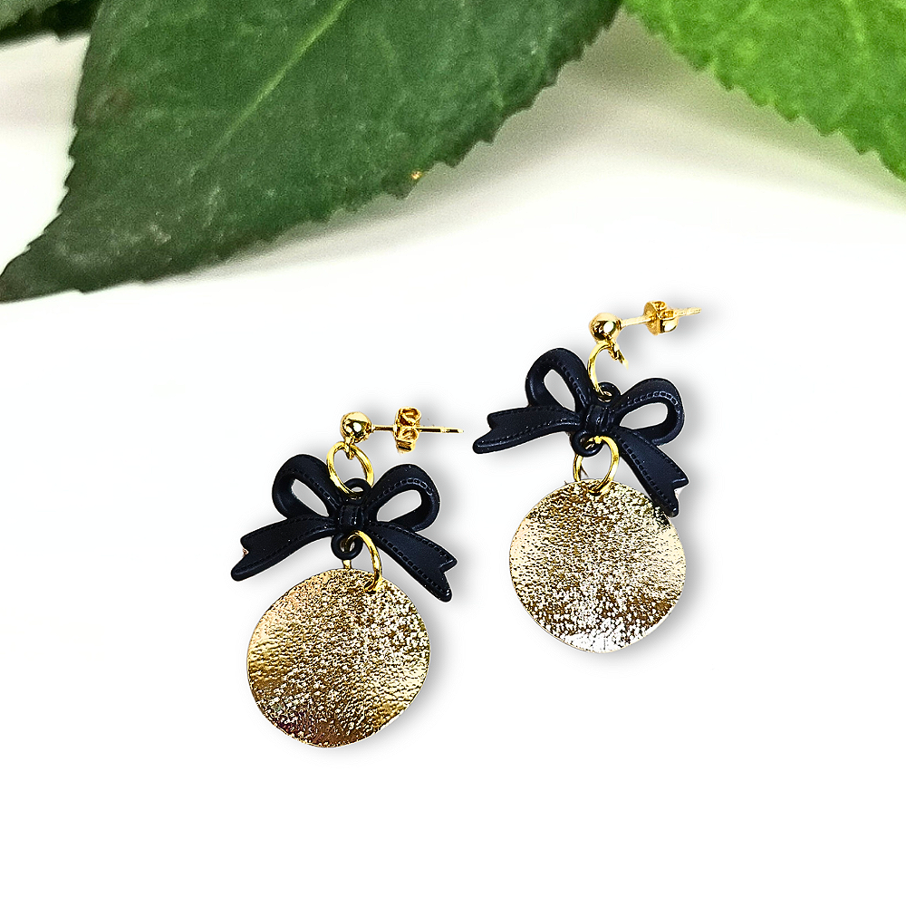 Black Bows and gold textured discs hang from gold ball studs