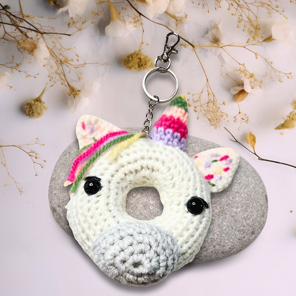 Crochet Doughnut as a Unicorn with striped colorful horn and keychain