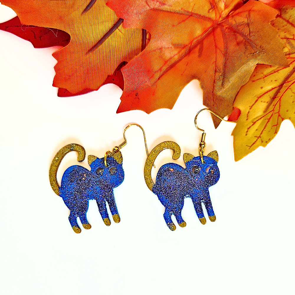 Midnight Blue/Gold Glitter Cat Earrings