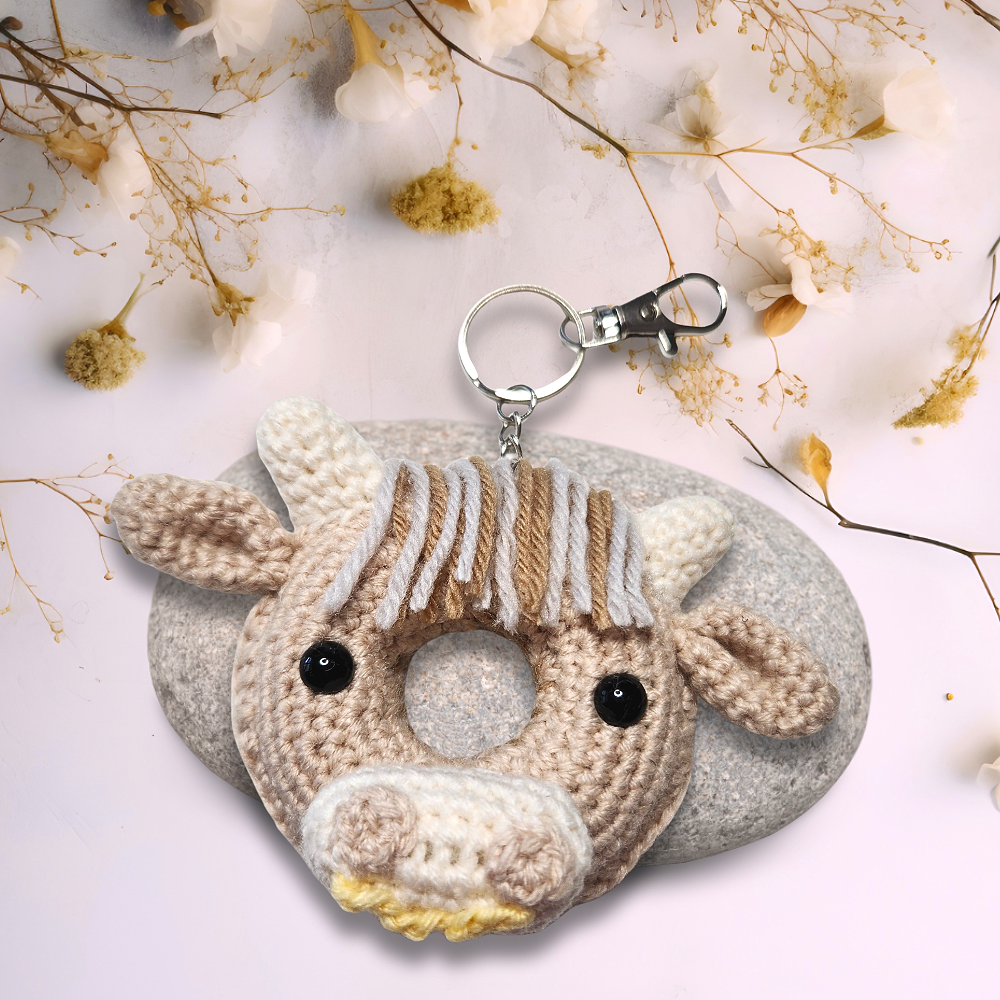 Crochet highland cow doughnut keychain