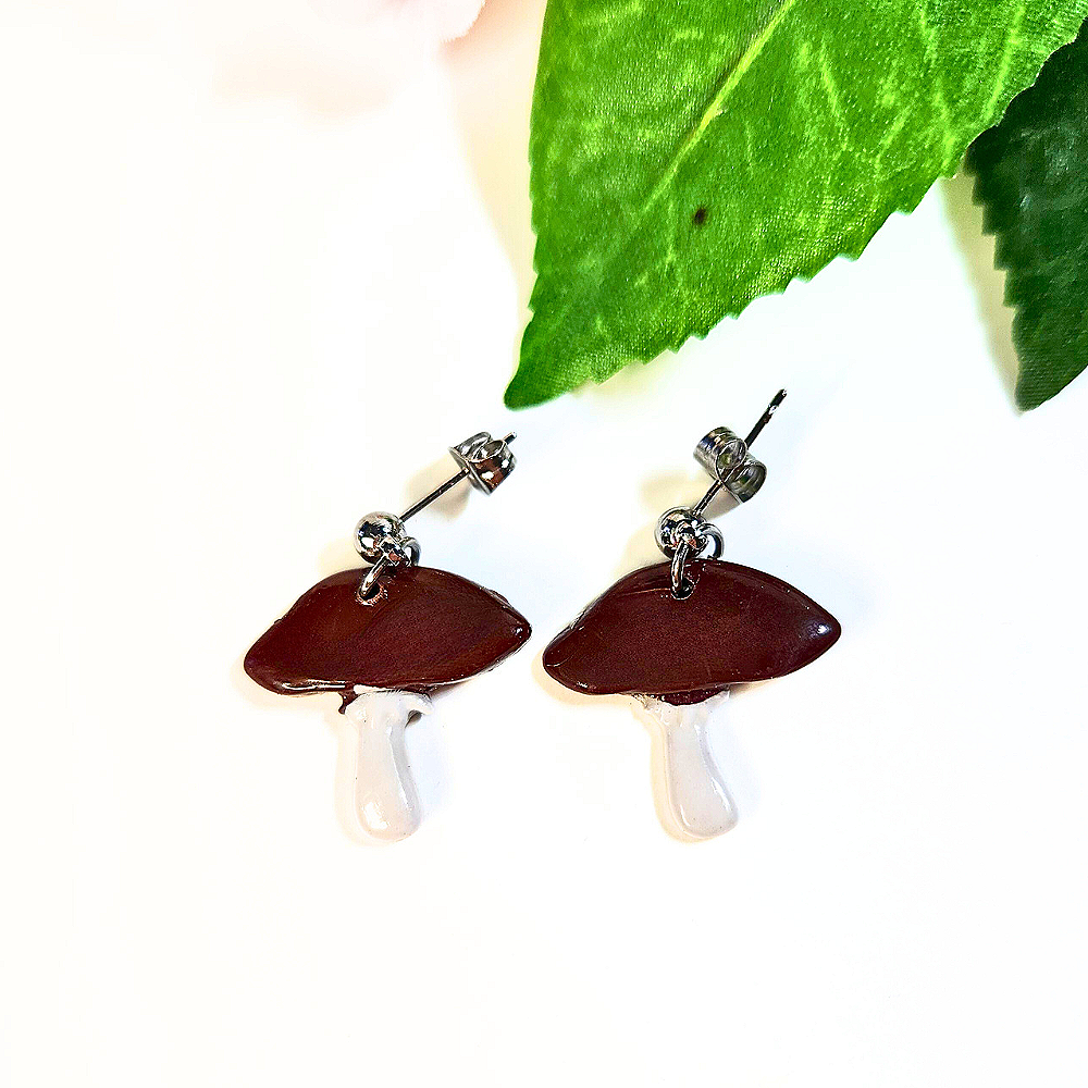 Brown capped mushroom dangle earrings in silver ball studs