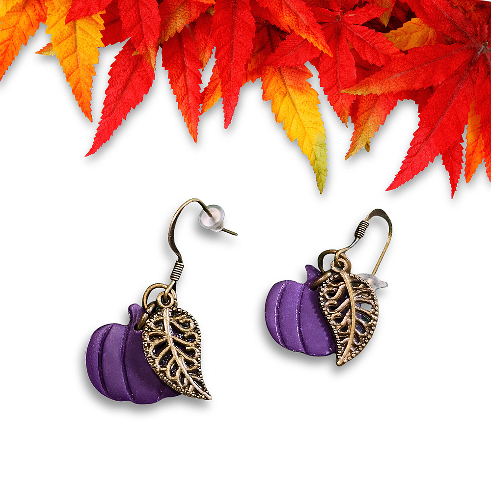 Purple pumpkin dangle earrings with bronze gold leaf charm