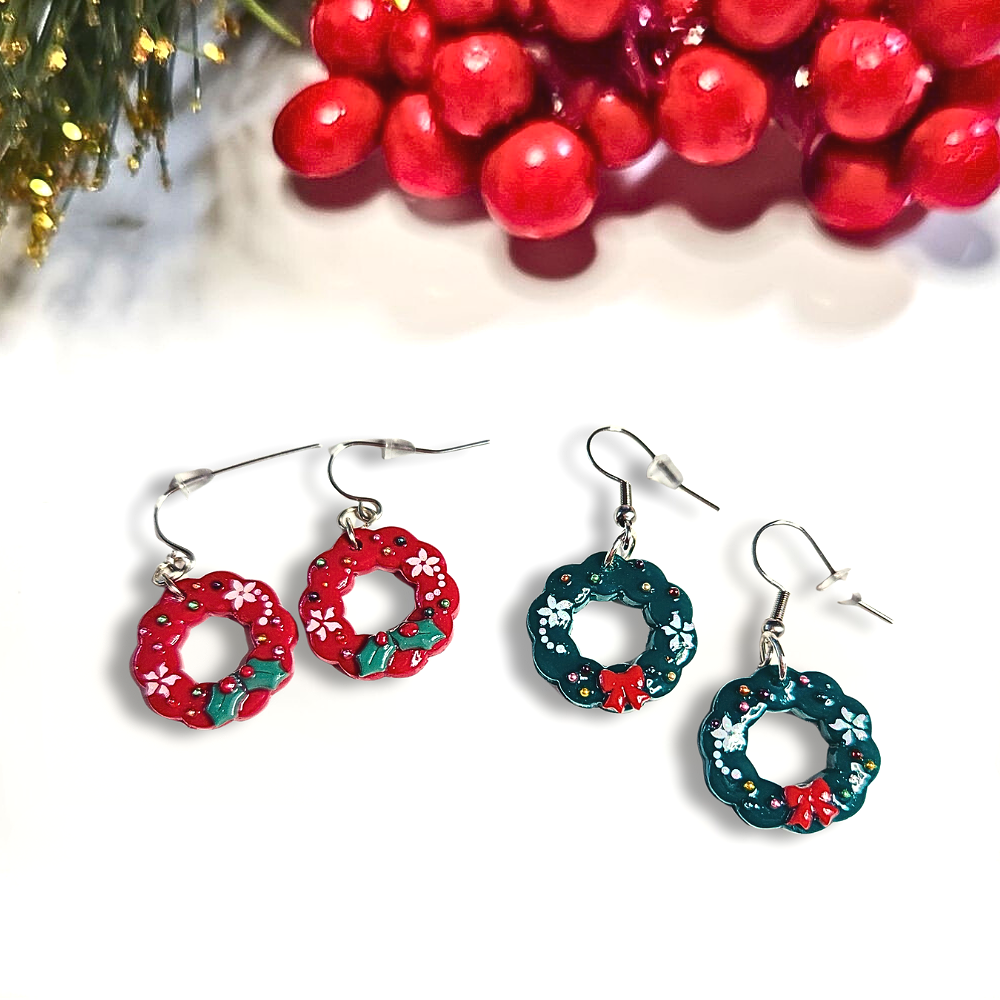 Red and Green Christmas Wreath Dangle Earrings with festive decor