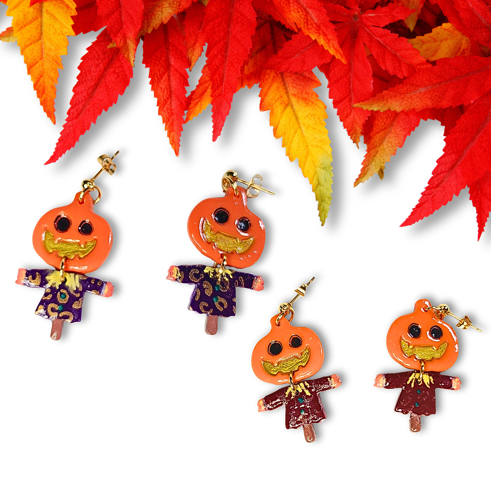 Jack O lantern scarecrow earrings with purple or marron clothing on gold ball studs