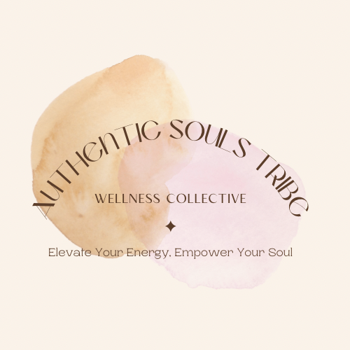 Watercolor abstract shapes logo in beige, pink, and purple with text reading 'Authentic Souls Tribe, Wellness Collective, Elevate Your Energy, Empower Your Soul'.