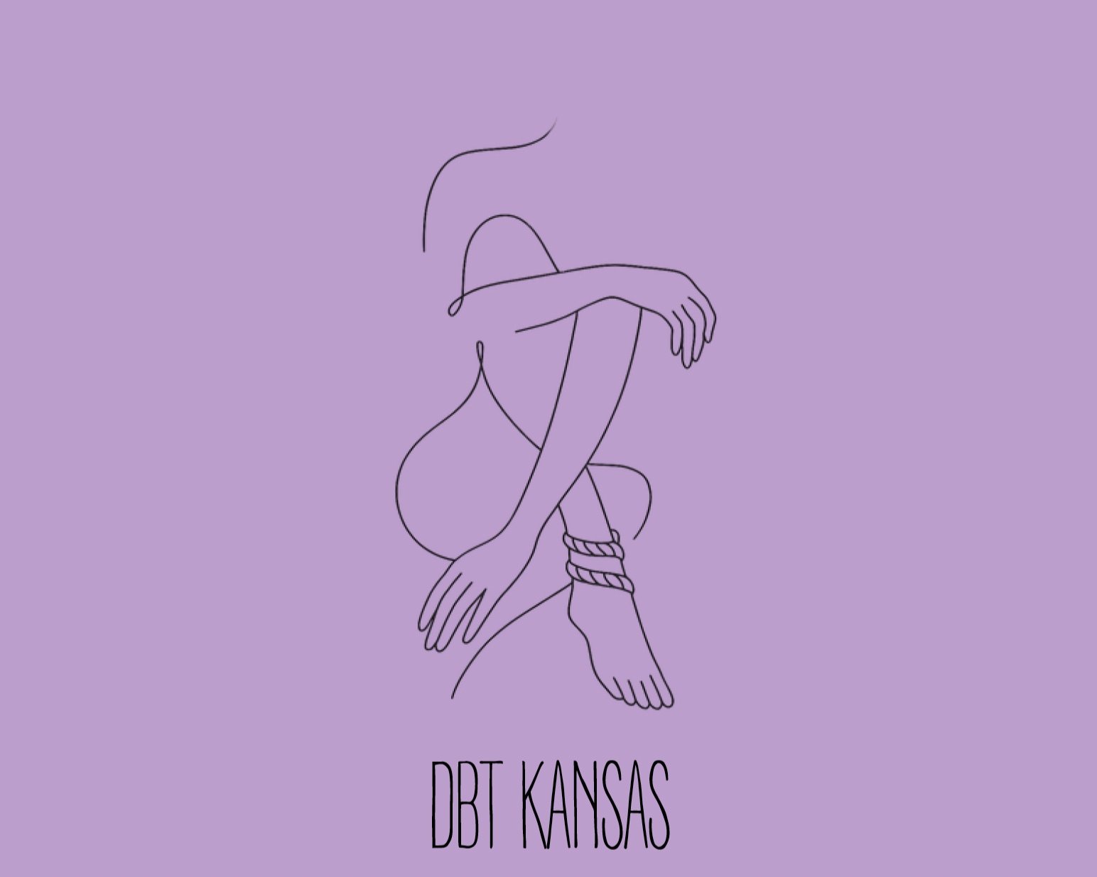 Minimalist line drawing Logo of a peaceful, feminine woman sitting with one arm resting on their knee, wearing shibari.  The words "DBT KANSAS" are written at the bottom.