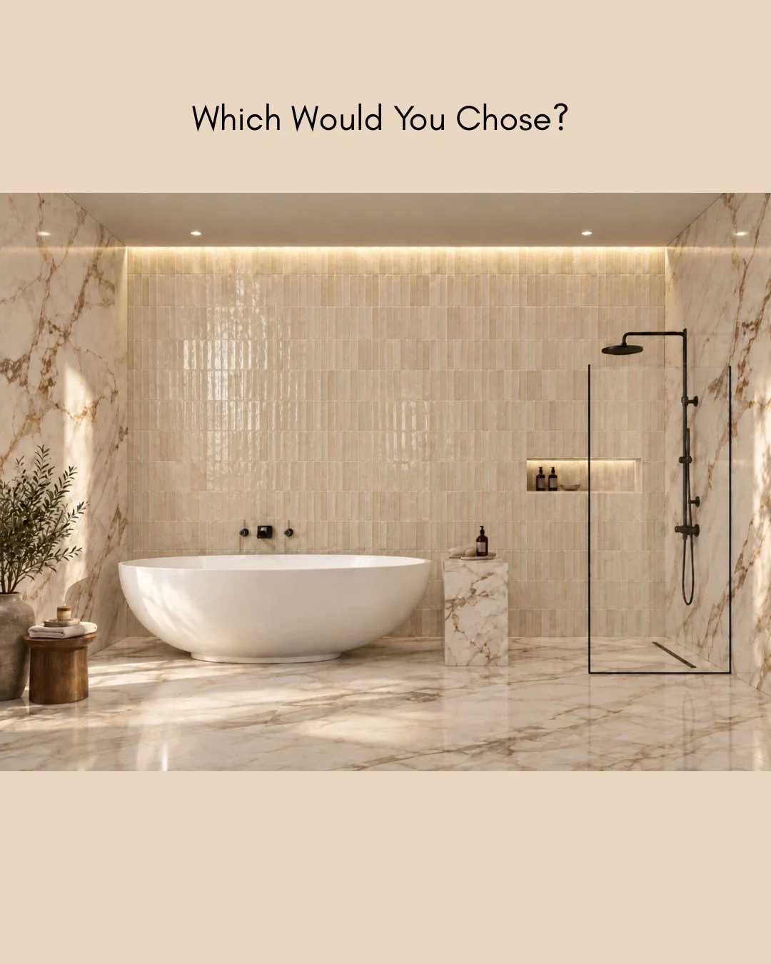 Same bathroom. Five completely different moods.

We paired a timeless marble-inspired porcelain with five different zellige looks to show just how much colour can change the feeling of a space &mdash; from soft and understated to warm, earthy and dra