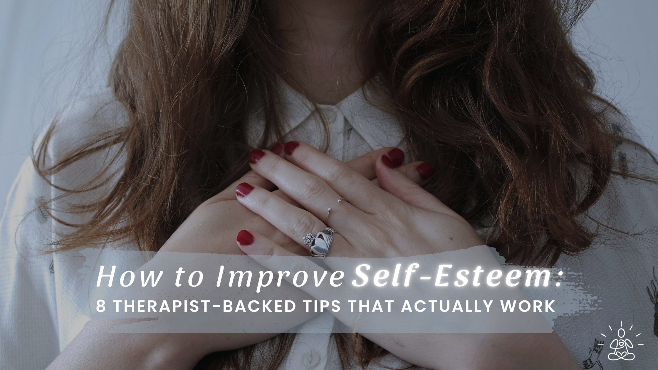 A woman with hands crossed over her chest, signifying self-love and self-compassion after attending virtual therapy for women, by a compassionate, culturally responsive Latina therapist in Houston Texas