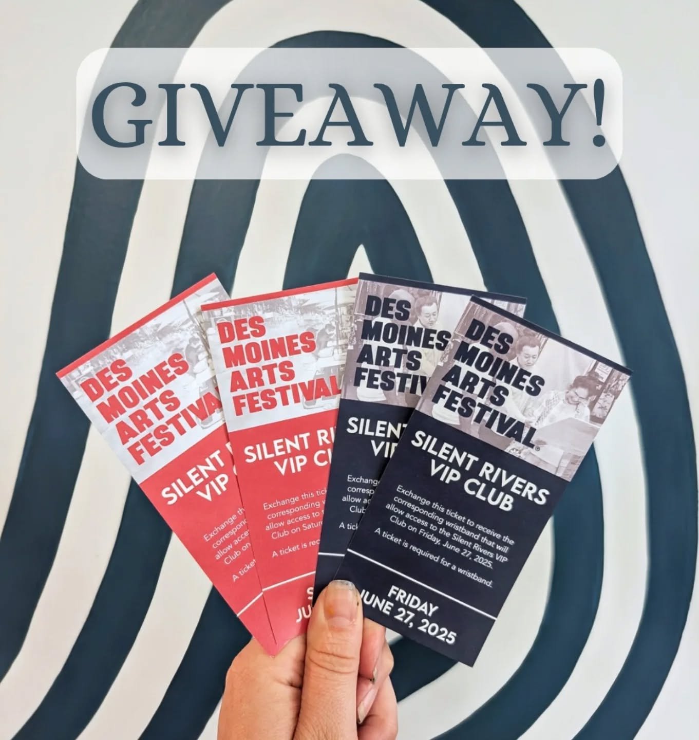 🎟GIVEAWAY: Des Moines Arts Festival 🎟️ 

We have a couple of very fancy tickets to give away, the kind that get you into the Silent Rivers VIP Club at the Des Moines Arts Festival! That means snacks, drinks, shade, and seating. Like, actual seating