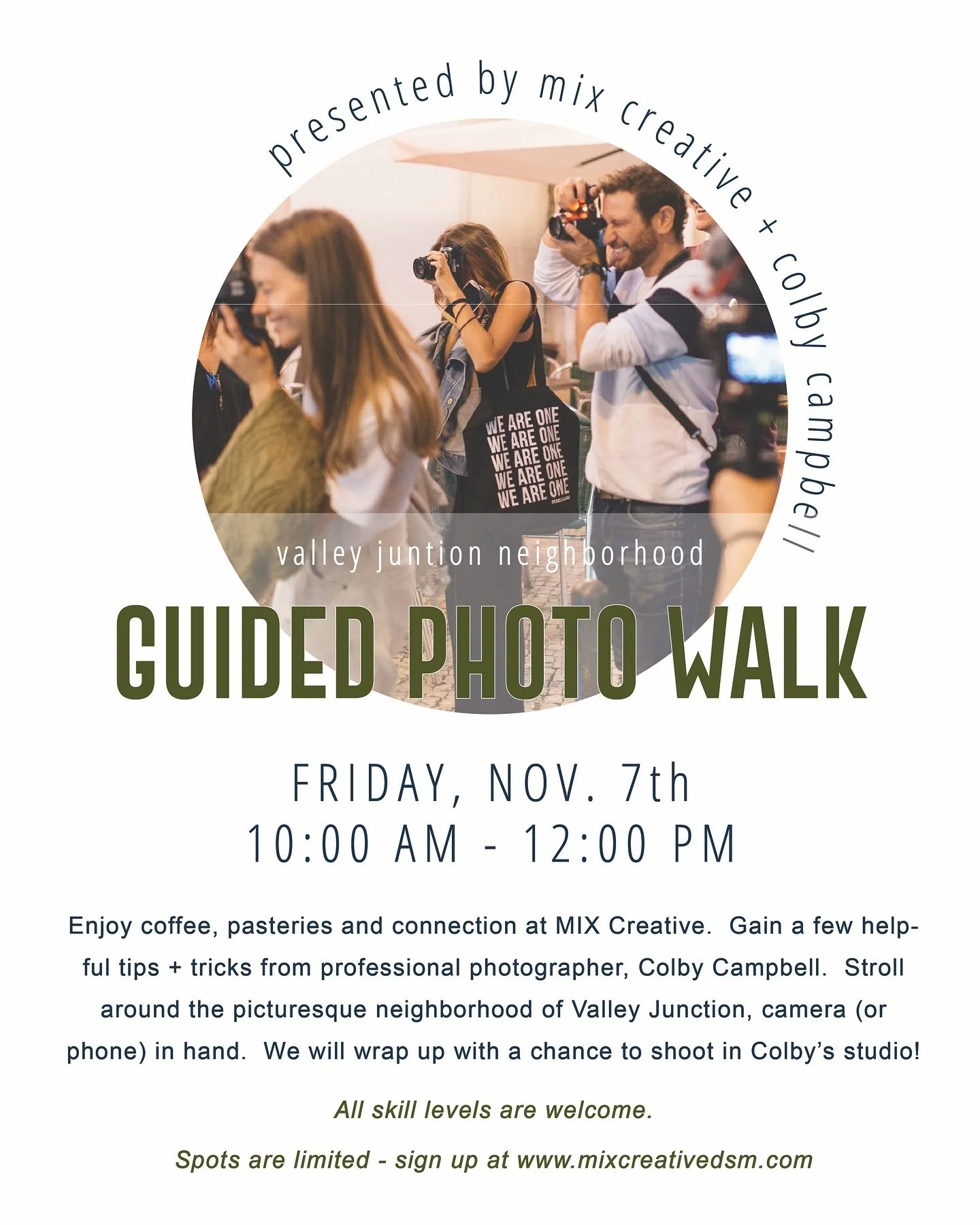 Join MIX and the lovely @colbycampbell.jpg for a Guided Photo Walk around our very photogenic neighborhood, @valleyjunction!

Friday, Nov 7th from 10:00 AM - 12:00 PM

Bring whatever camera (or your phone) you want and come along for a stroll.  We wi