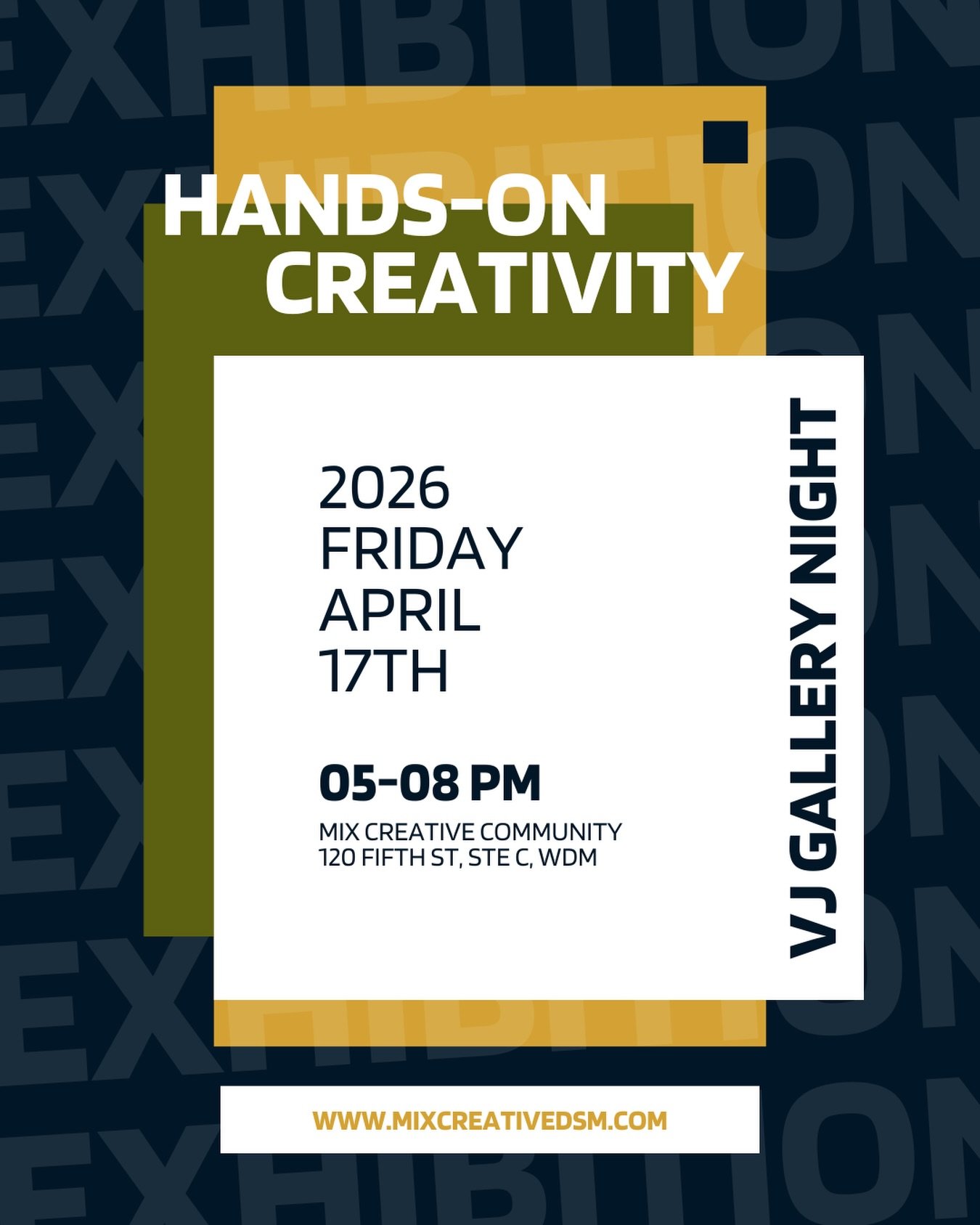Join us for Spring Gallery Night in Valley Junction!

Friday, April 17th
5:00 - 8:00 PM

Swing by MIX Creative Community to explore our interactive, playful exhibit:

👋 HANDS-ON CREATIVITY 👋

All of the creative pieces in our space will be designed
