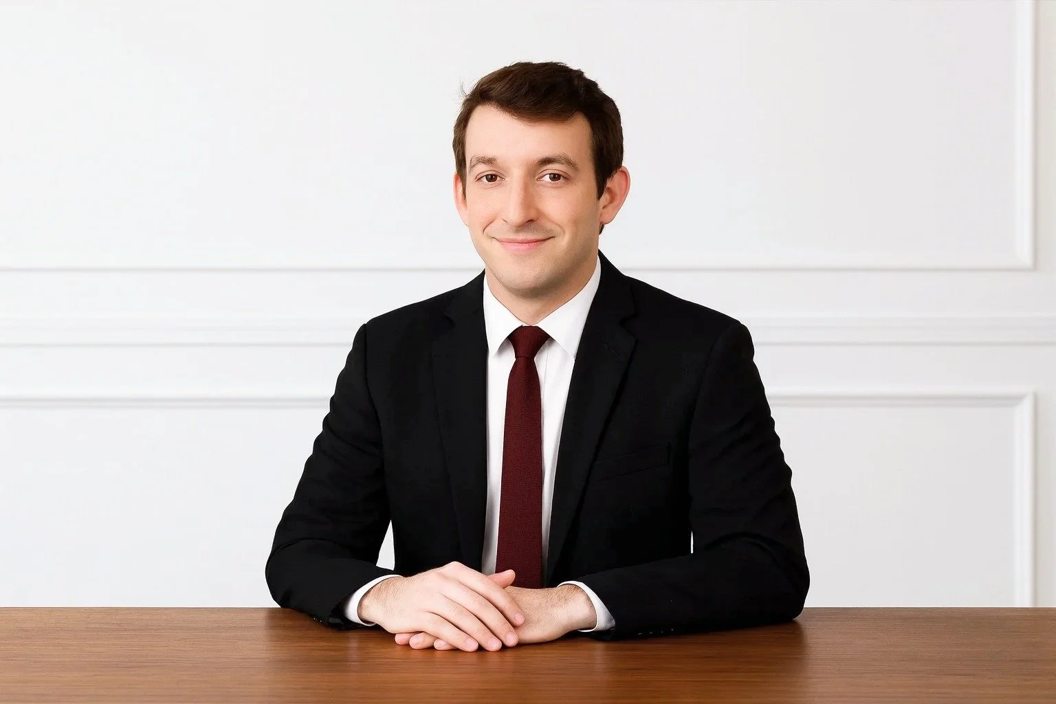 Max Cosby in a black suit with a white shirt and maroon tie sitting at a wooden table with hands folded, smiling in a modern, white room.