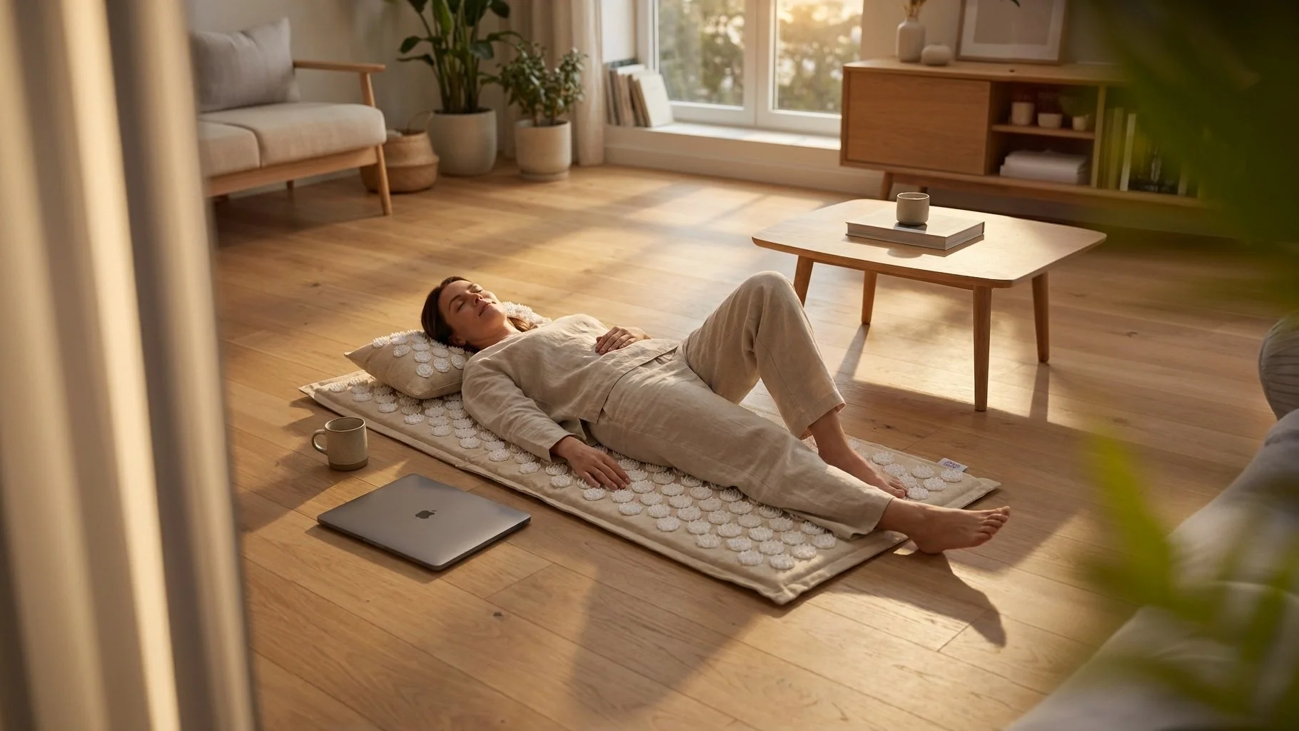 Mujer relajándose sobre el mat Kosha beige en una sala con luz natural