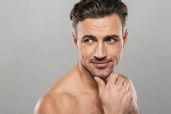 A shirtless man with dark hair smirks and touches his chin against a plain gray background.