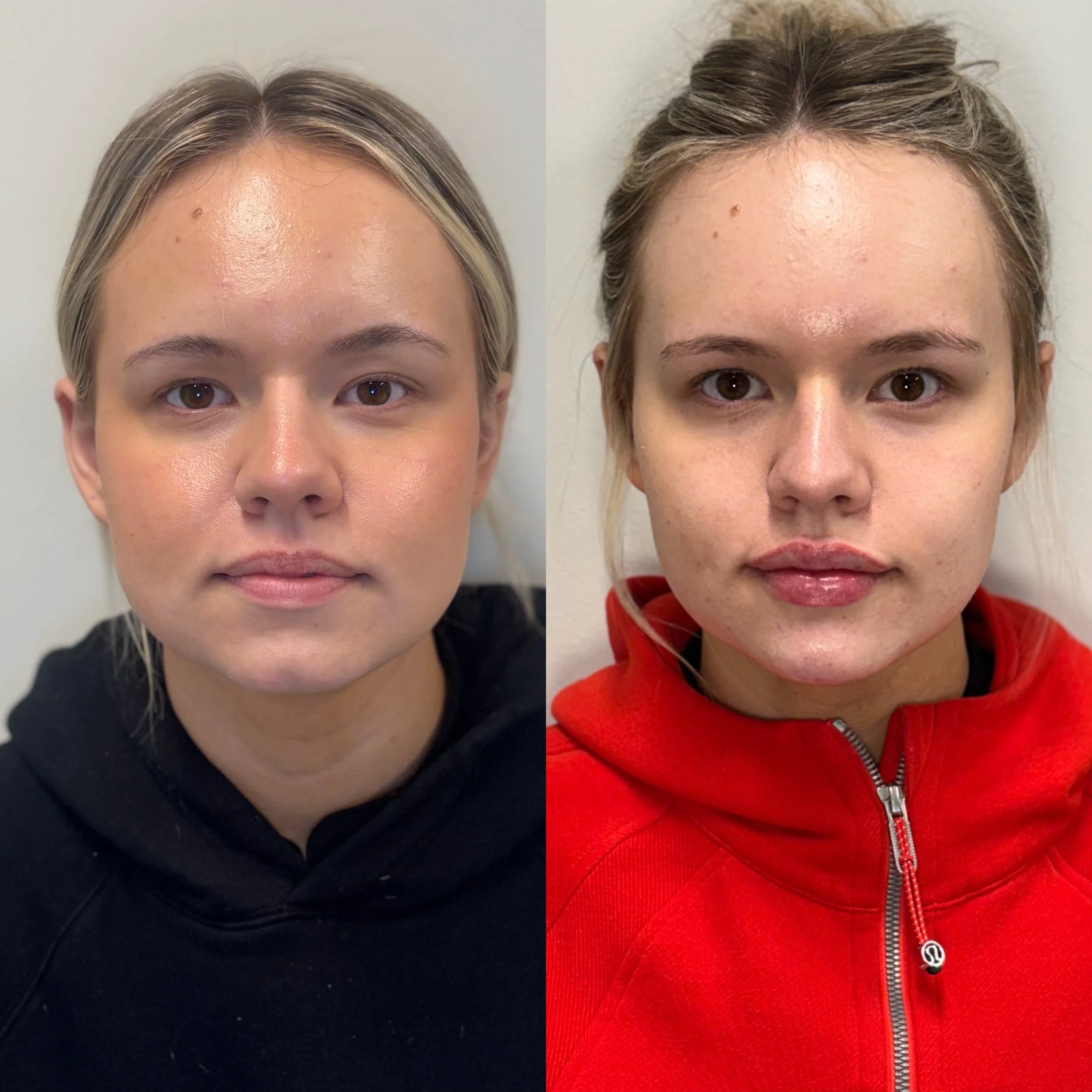 Side-by-side comparison of two women, one with her hair pulled back, wearing a black hoodie, and the other with her hair tied up, wearing a red zip-up jacket, both facing forward.