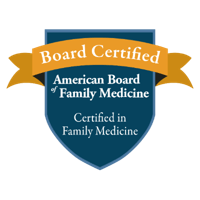 Board Certified American Board of Family Medicine badge with blue shield and gold banner.