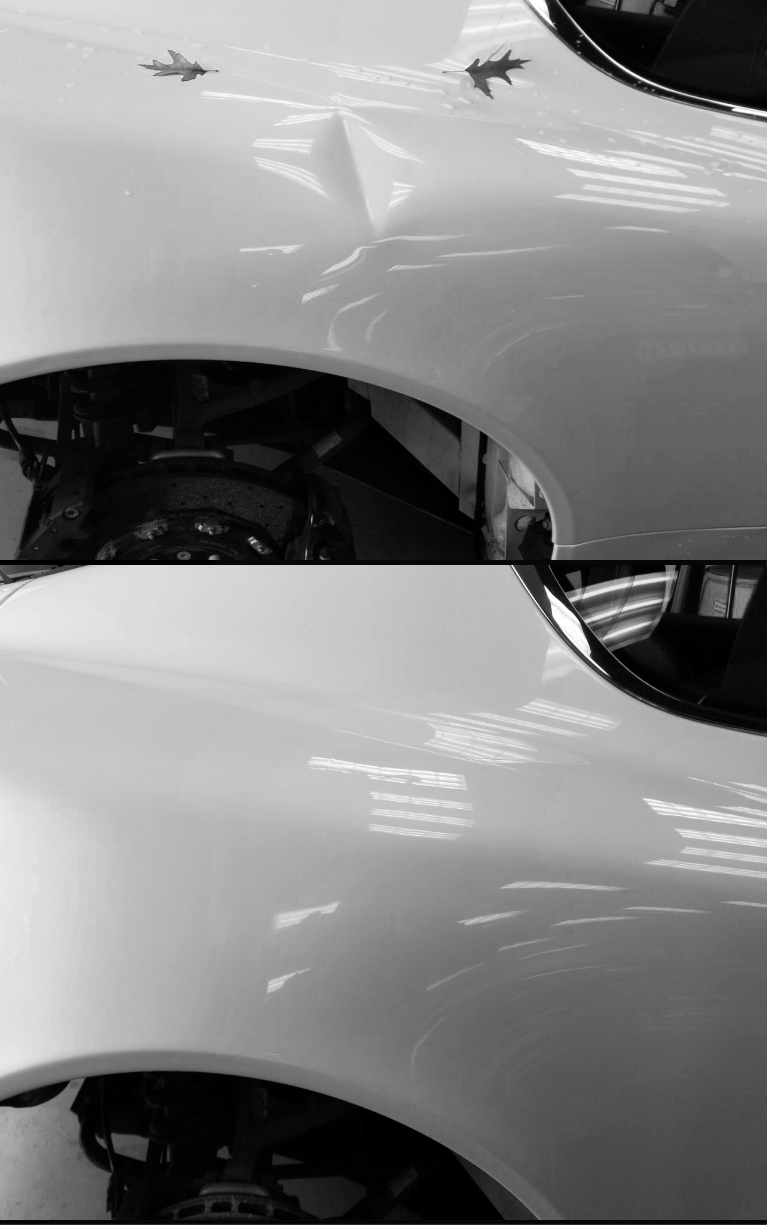 Comparison of a car's front fender, showing a large dent and scratches on the upper part, with the lower part after repair, appearing smooth and shiny.