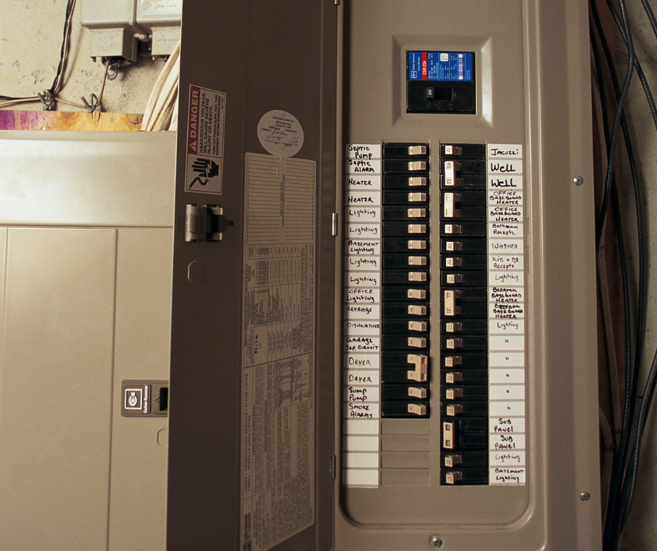 Electrical breaker box with labeled switches for various building systems like lighting, HVAC, and security.